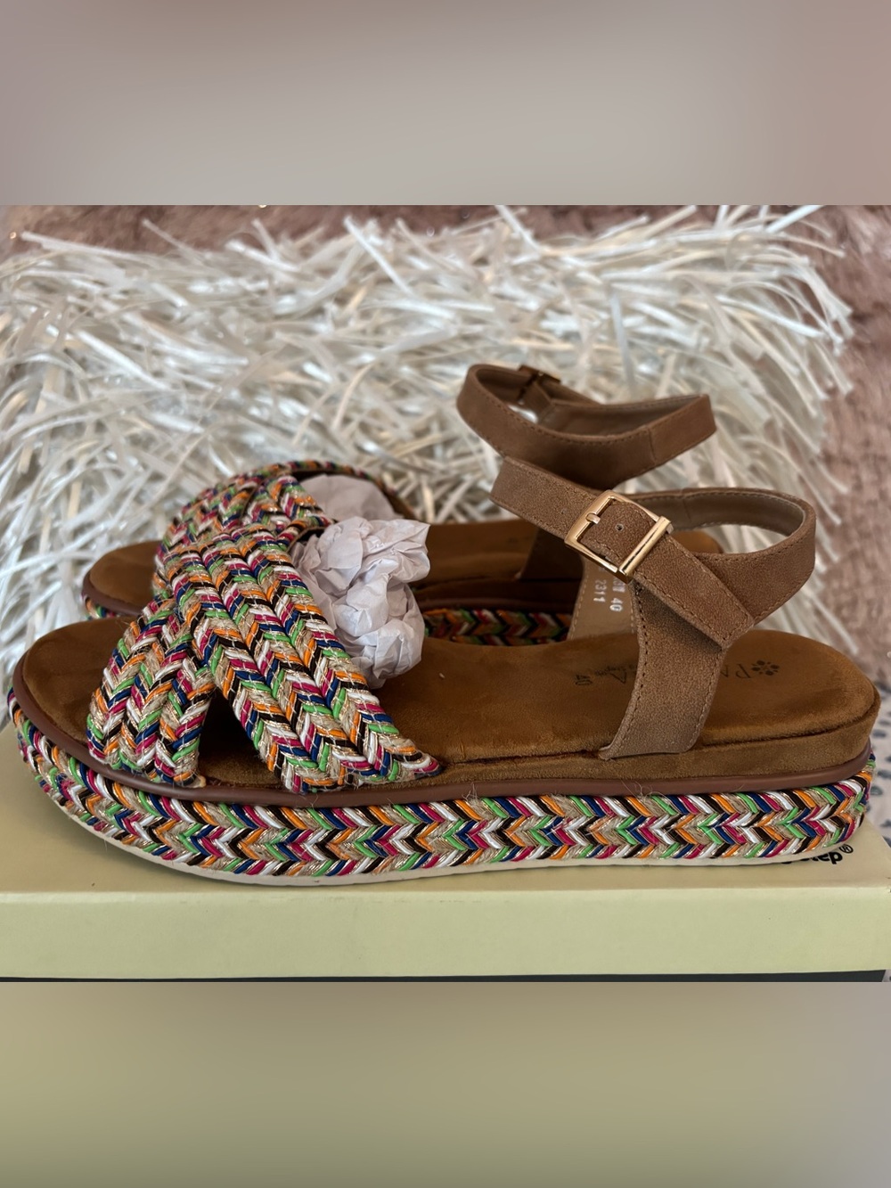 Spring Step Multicolor Braided Platform Sandal - Brown Strap